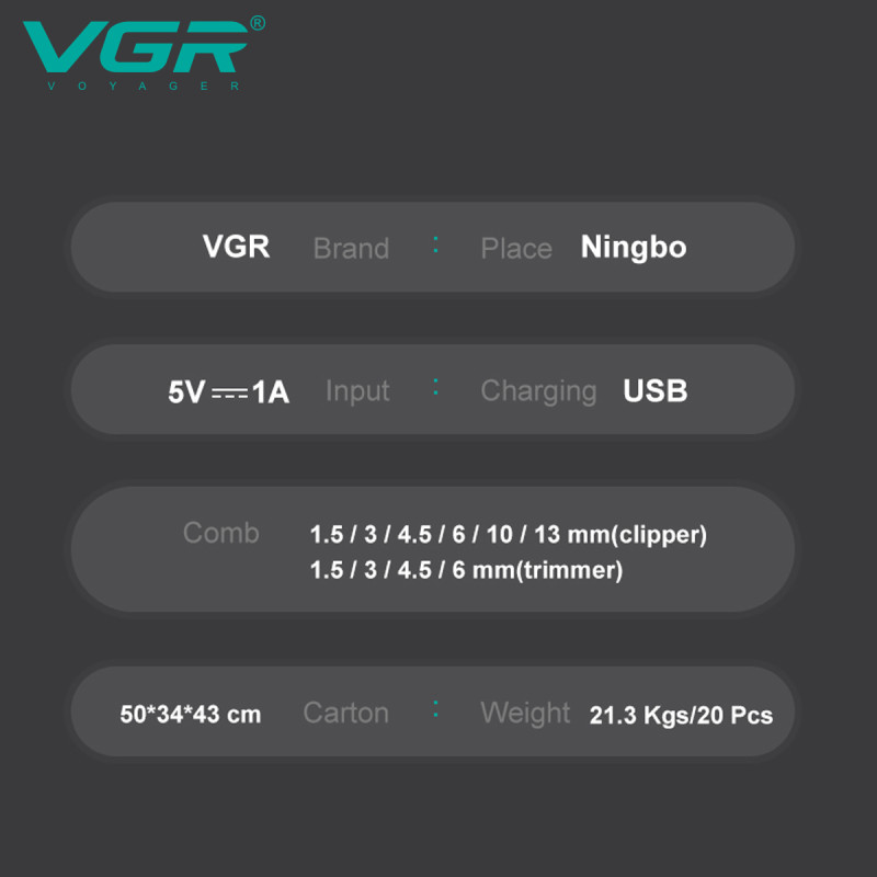 Комплект VGR 2 в 1 V-600&900 BLACK, акумуляторна машинка для стрижки (clipper) і тример, 10 насадок, LED display, 7000 RPM