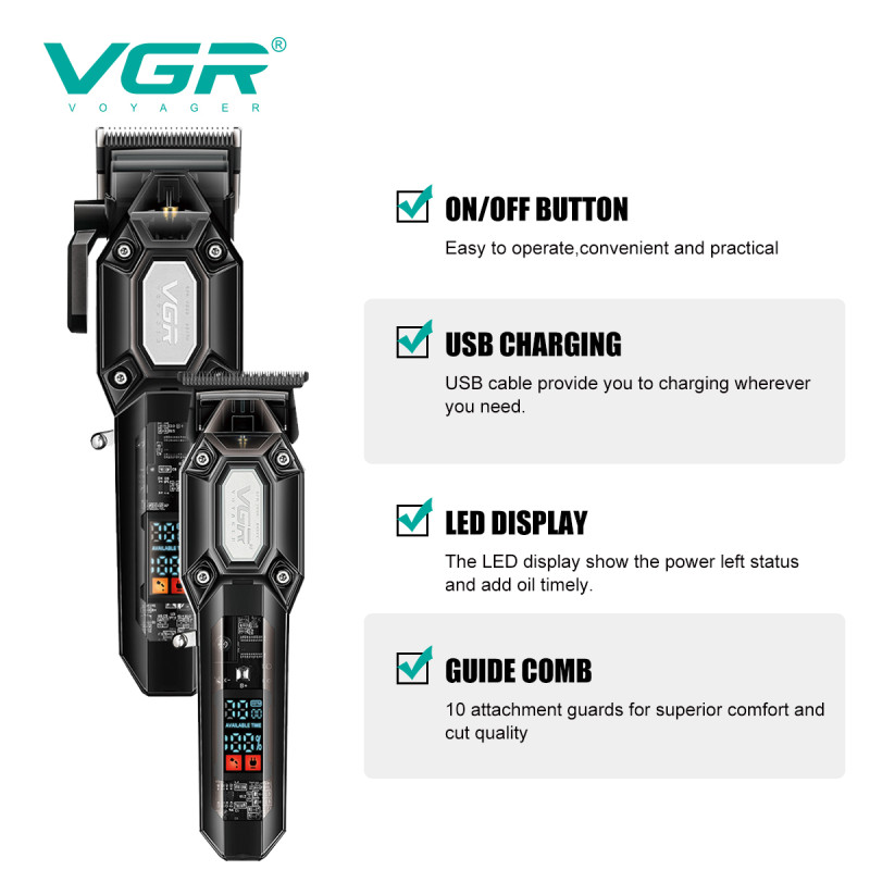 Комплект VGR 2 в 1 V-600&900 BLACK, акумуляторна машинка для стрижки (clipper) і тример, 10 насадок, LED display, 7000 RPM