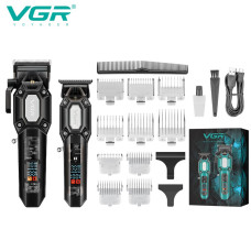 Комплект VGR 2 в 1 V-600&900 BLACK, акумуляторна машинка для стрижки (clipper) і тример, 10 насадок, LED display, 7000 RPM