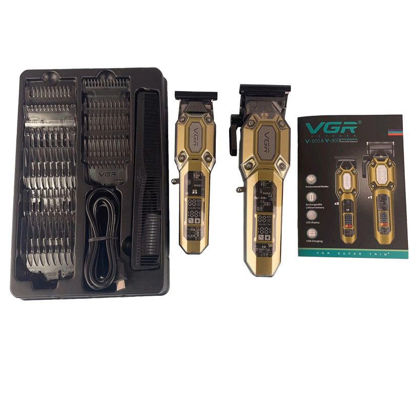 Комплект VGR 2 в 1 V-600&900 GOLD, акумуляторна машинка для стрижки (clipper) і тример, 10 насадок, LED display, 7000 RPM