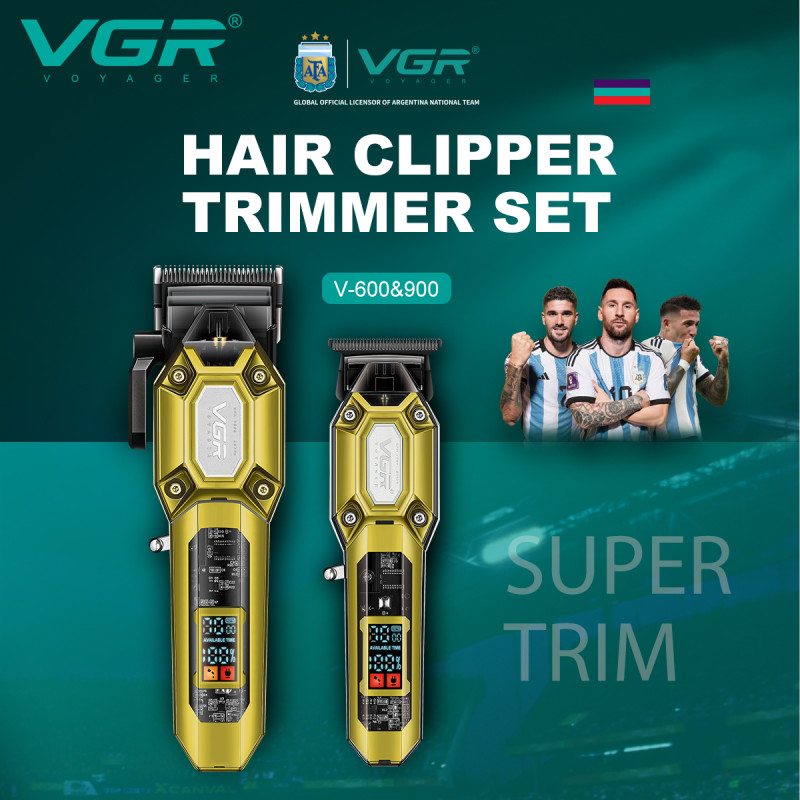 Комплект VGR 2 в 1 V-600&900 GOLD, акумуляторна машинка для стрижки (clipper) і тример, 10 насадок, LED display, 7000 RPM