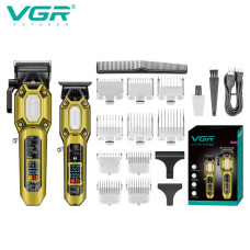 Комплект VGR 2 в 1 V-600&900 GOLD, акумуляторна машинка для стрижки (clipper) і тример, 10 насадок, LED display, 7000 RPM