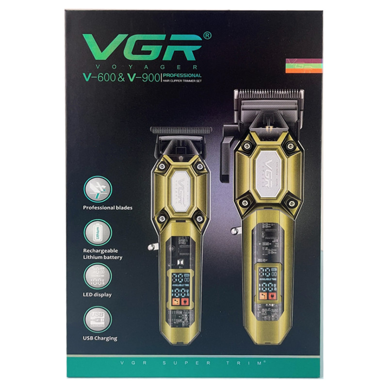 Комплект VGR 2 в 1 V-600&900 GOLD, акумуляторна машинка для стрижки (clipper) і тример, 10 насадок, LED display, 7000 RPM