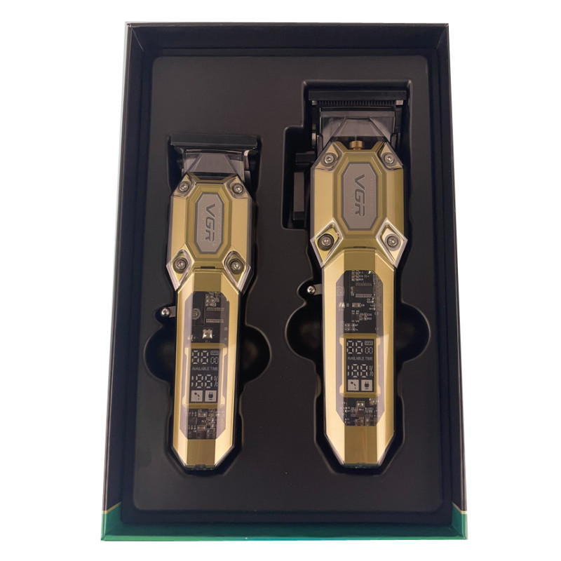 Комплект VGR 2 в 1 V-600&900 GOLD, акумуляторна машинка для стрижки (clipper) і тример, 10 насадок, LED display, 7000 RPM