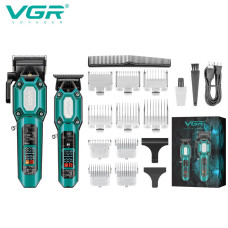 Комплект VGR 2 в 1 V-600&900 GREEN, акумуляторна машинка для стрижки (clipper) і тример, 10 насадок, LED display, 7000 RPM