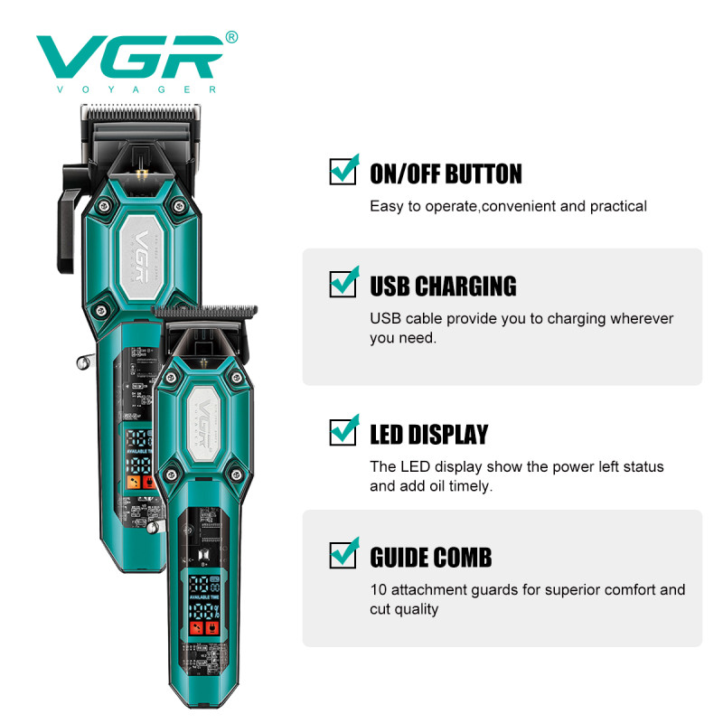 Комплект VGR 2 в 1 V-600&900 GREEN, акумуляторна машинка для стрижки (clipper) і тример, 10 насадок, LED display, 7000 RPM