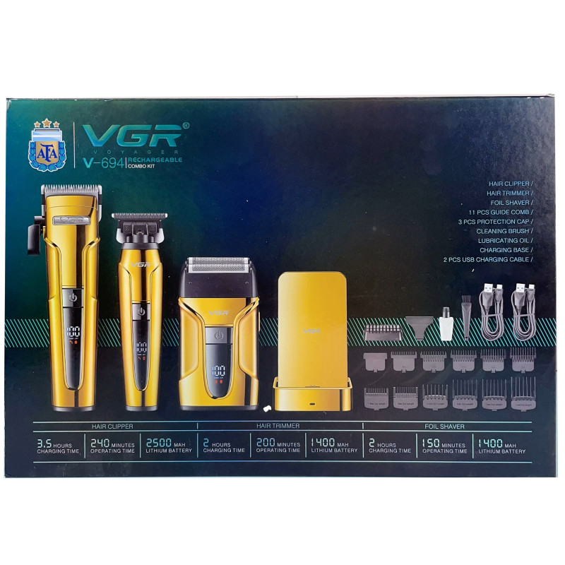 Комплект VGR 3 в 1 V-694 GOLD акумуляторна машинка для стриження (clipper), триммер та електробритва (шейвер)