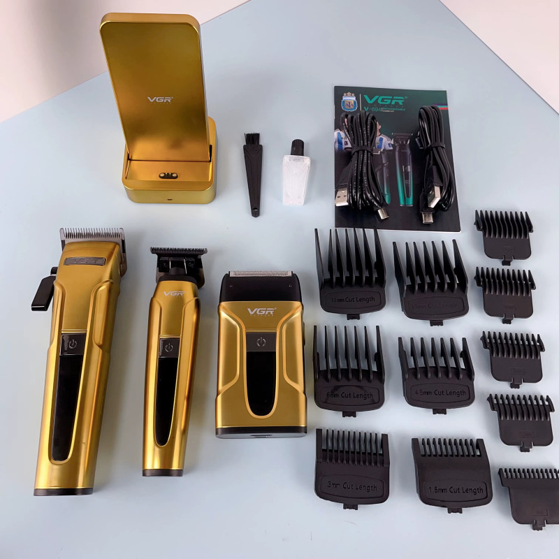 Комплект VGR 3 в 1 V-694 GOLD акумуляторна машинка для стриження (clipper), триммер та електробритва (шейвер)