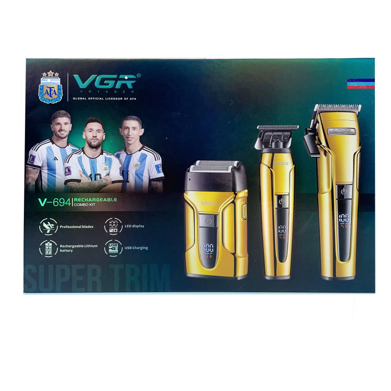 Комплект VGR 3 в 1 V-694 GOLD акумуляторна машинка для стриження (clipper), триммер та електробритва (шейвер)