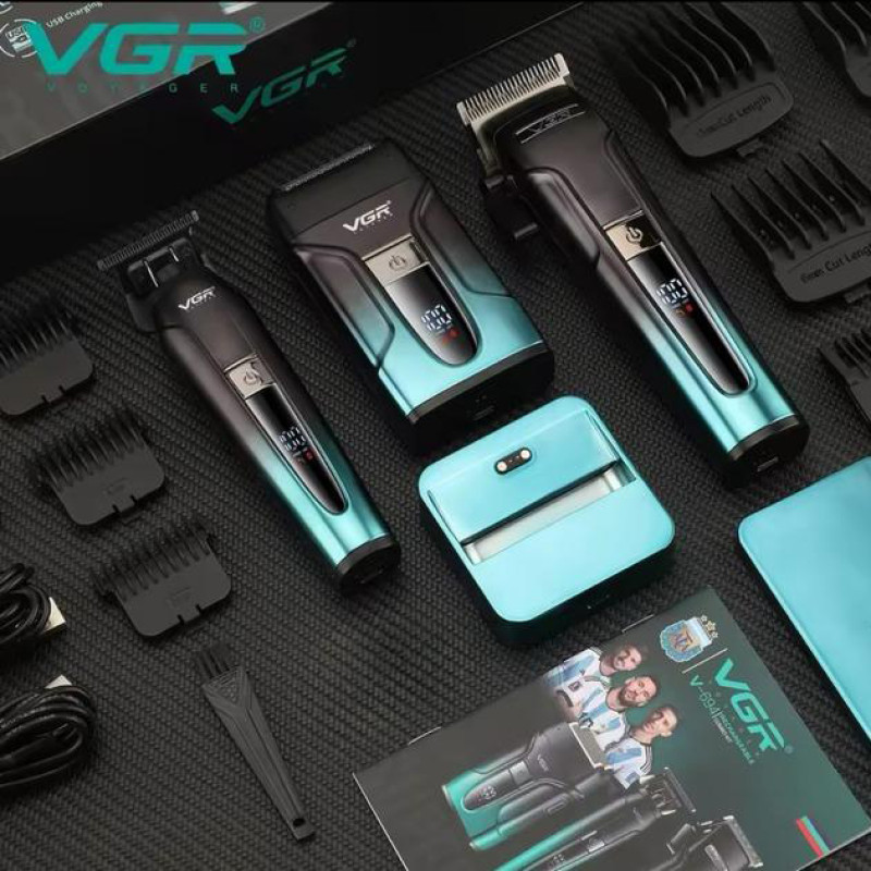 Комплект VGR 3 в 1 V-694 GREEN акумуляторна машинка для стриження (clipper), триммер та електробритва (шейвер)