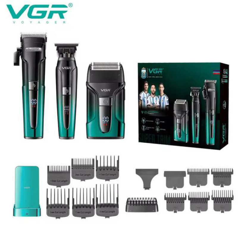 Комплект VGR 3 в 1 V-694 GREEN акумуляторна машинка для стриження (clipper), триммер та електробритва (шейвер)