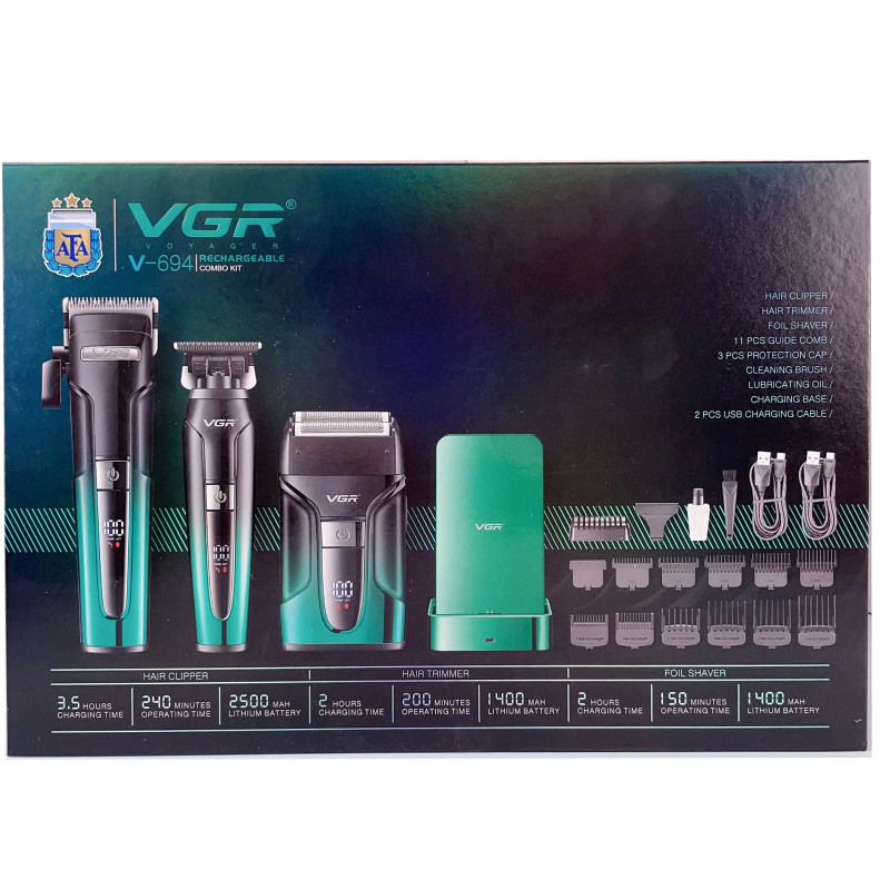 Комплект VGR 3 в 1 V-694 GREEN акумуляторна машинка для стриження (clipper), триммер та електробритва (шейвер)