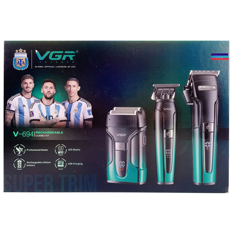 Комплект VGR 3 в 1 V-694 GREEN акумуляторна машинка для стриження (clipper), триммер та електробритва (шейвер)