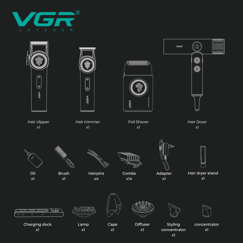 Комплект VGR STEPLERSS PRO 4 IN 1 RED, машинка для стрижки (Clipper), триммер, шейвер, фен