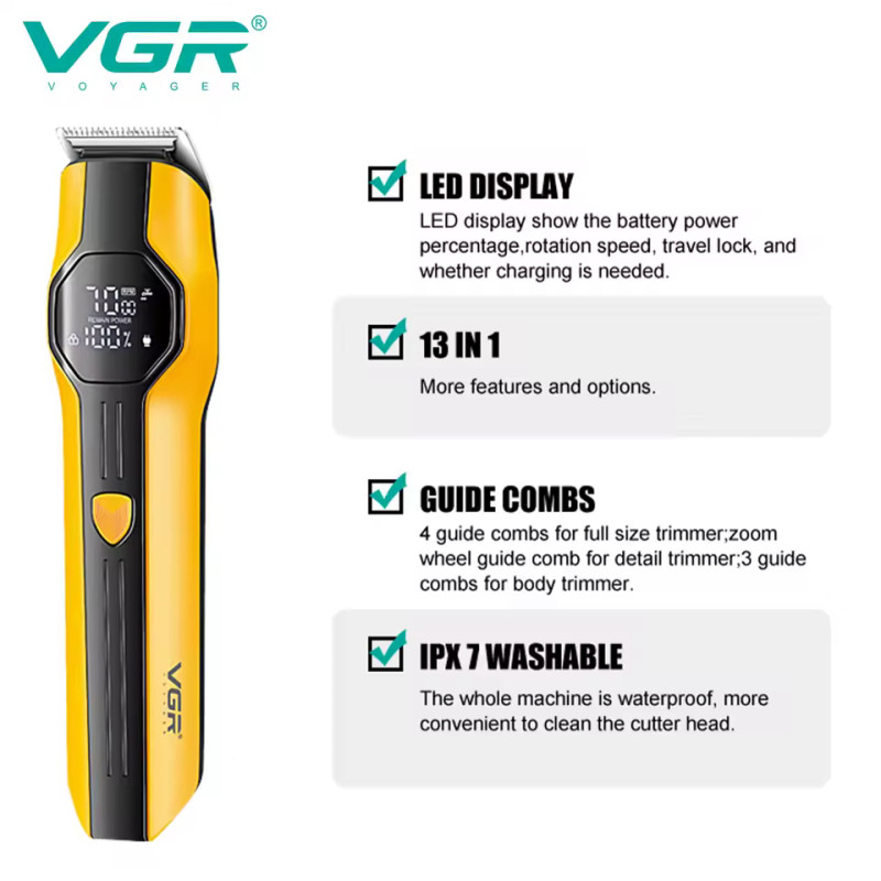 Набір для стриження VGR 13 в 1 V-173 YELLOW, 13 насадок, LED display