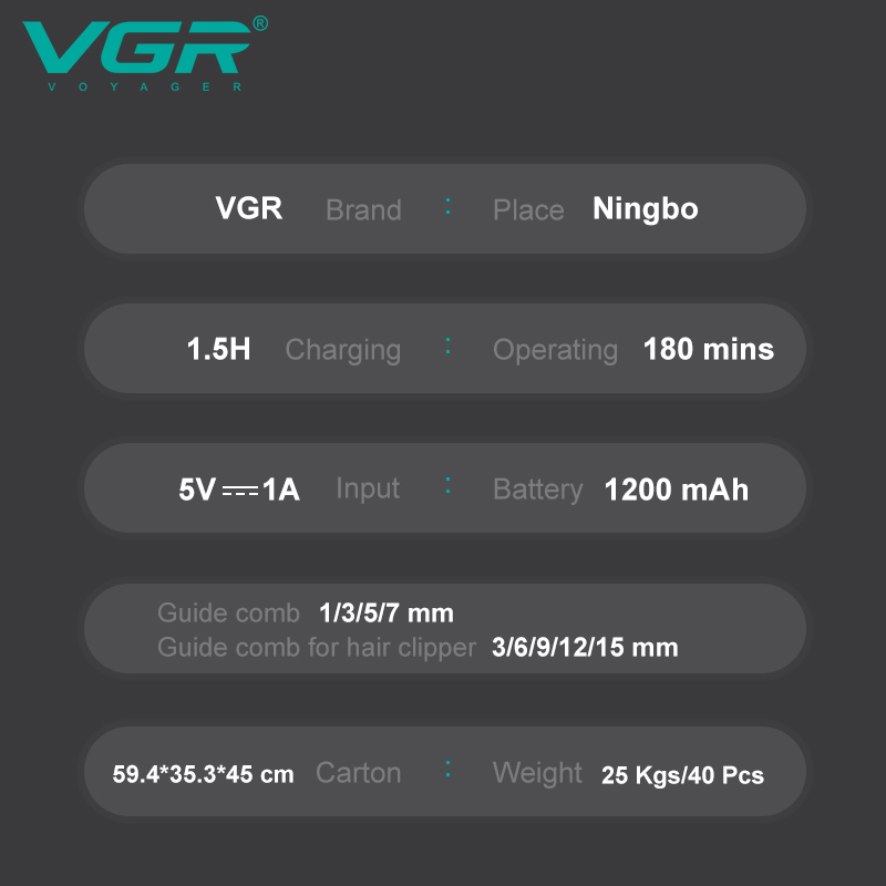 Набір для стриження VGR 6 в 1 V-102, 14 насадок, LED display