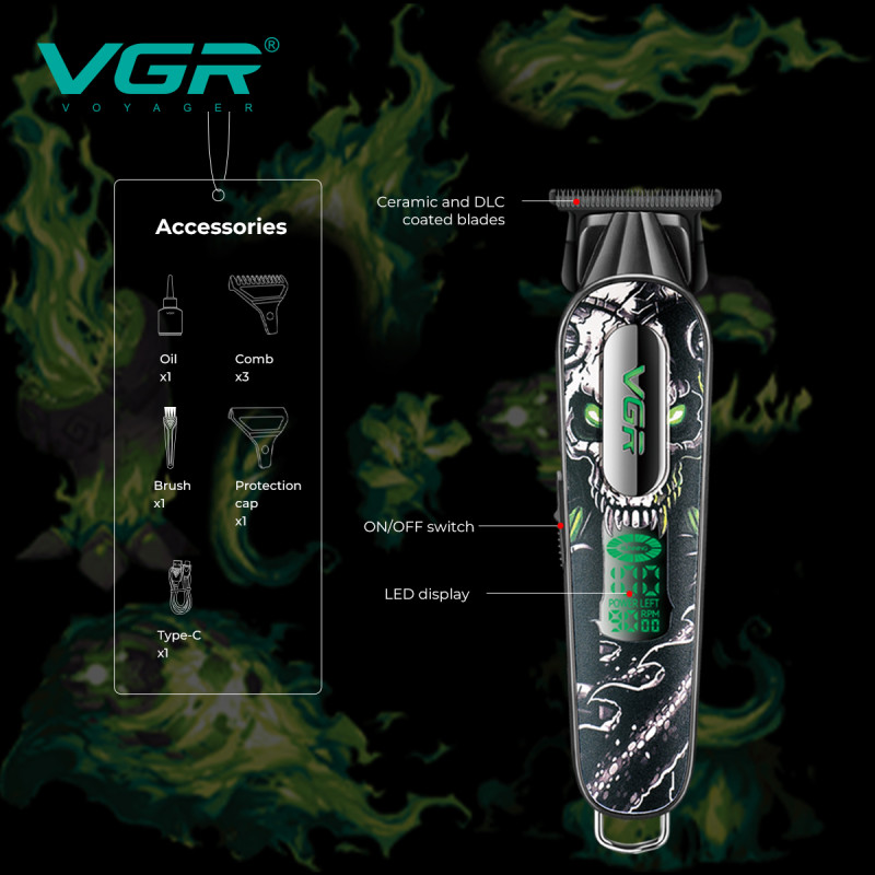 Тример V-260 GREEN, 3 насадки, 2000mAh, 9000 RPM, LED display