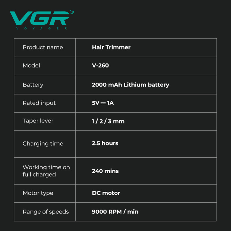Тример V-260 GREEN, 3 насадки, 2000mAh, 9000 RPM, LED display