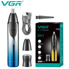 Тример VGR 2 в 1 V-619 BLUE, 2 насадки - триммер для носа, шейвер