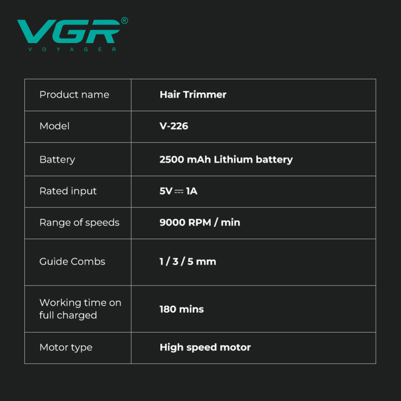 Триммер VGR V-226 GOLD, 9000 RPM, 3 насадки, LED display оптом в Украине