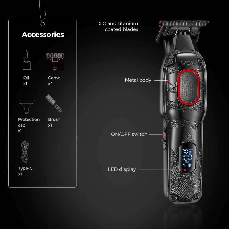 Тример VGR V-254 GREEN, 4 насадки, 7000 RPM, 2000 mAh, LED display