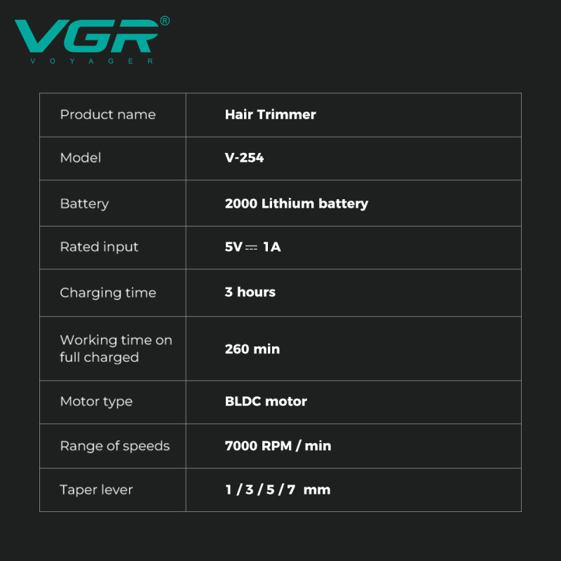 Тример VGR V-254 GREEN, 4 насадки, 7000 RPM, 2000 mAh, LED display
