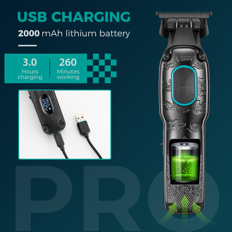 Тример VGR V-254 GREEN, 4 насадки, 7000 RPM, 2000 mAh, LED display