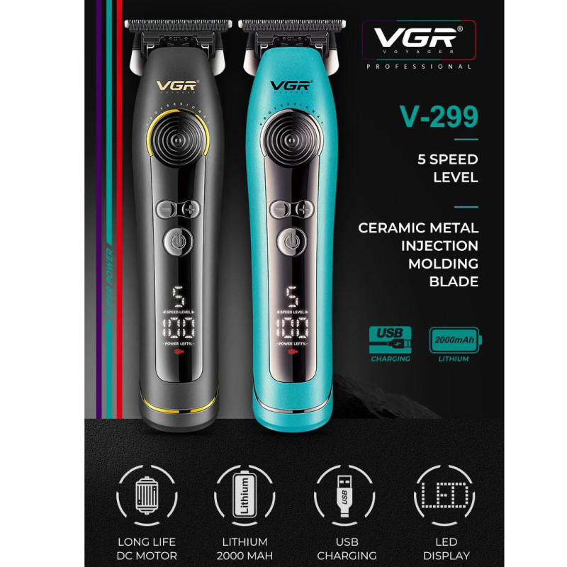 Тример VGR V-299 BLUE, 4 насадки, 9000RPM, 2000 mAh, 5 рівнів швидкості, LED display