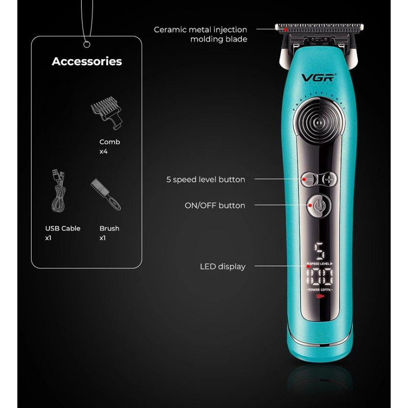 Тример VGR V-299 BLUE, 4 насадки, 9000RPM, 2000 mAh, 5 рівнів швидкості, LED display