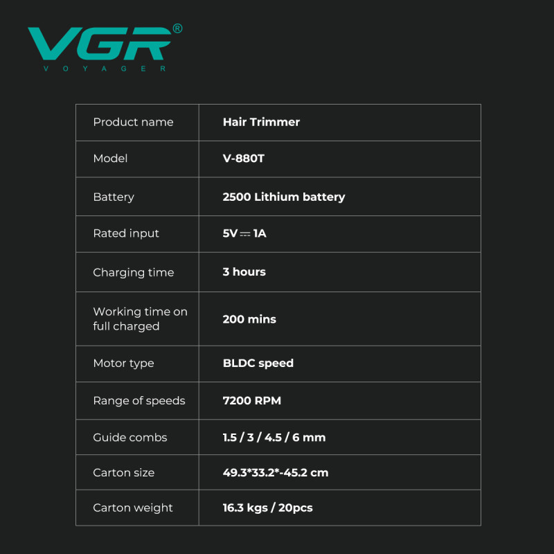 Триммер VGR V-880T BLACK, EXTERNAL ROTOR MOTOR, MIM BLADE, 4 насадки, док-станция оптом в Украине