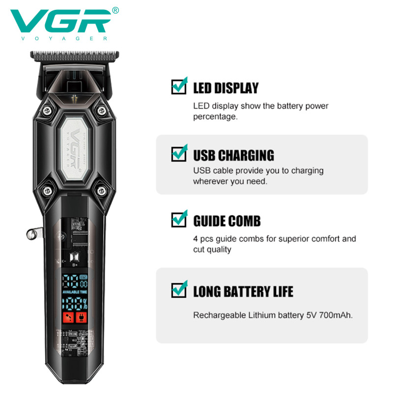Триммер VGR V-900 BLACK, 4 насадки, LED display, 7000 RPM оптом в Украине