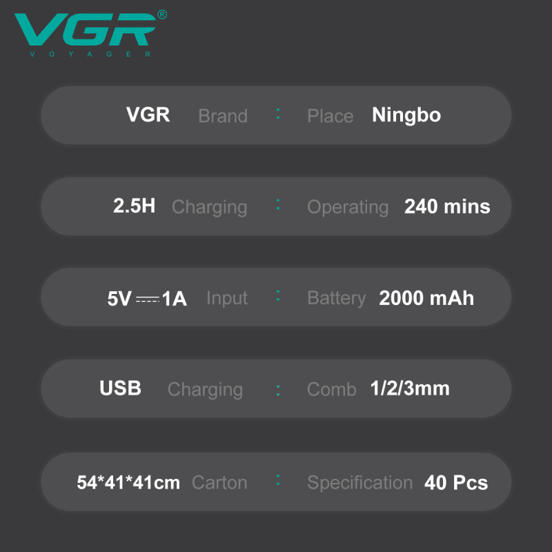 Тример VGR V-906 GREEN, 3 насадки, керамічне лезо, TURBO режим 9000 RPM, LED display