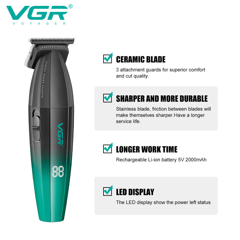 Тример VGR V-906 GREEN, 3 насадки, керамічне лезо, TURBO режим 9000 RPM, LED display