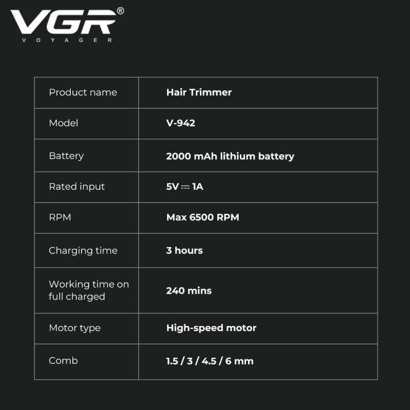Тример VGR V-942 WHITE, 4 насадки, LED display
