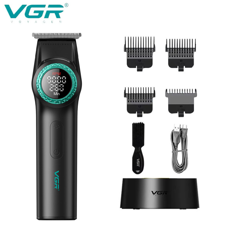 Тример VGR V-977 BLACK, регулювання потужності 6000 - 8000 RPM, 2500 mAh, 4 насадки, LED display
