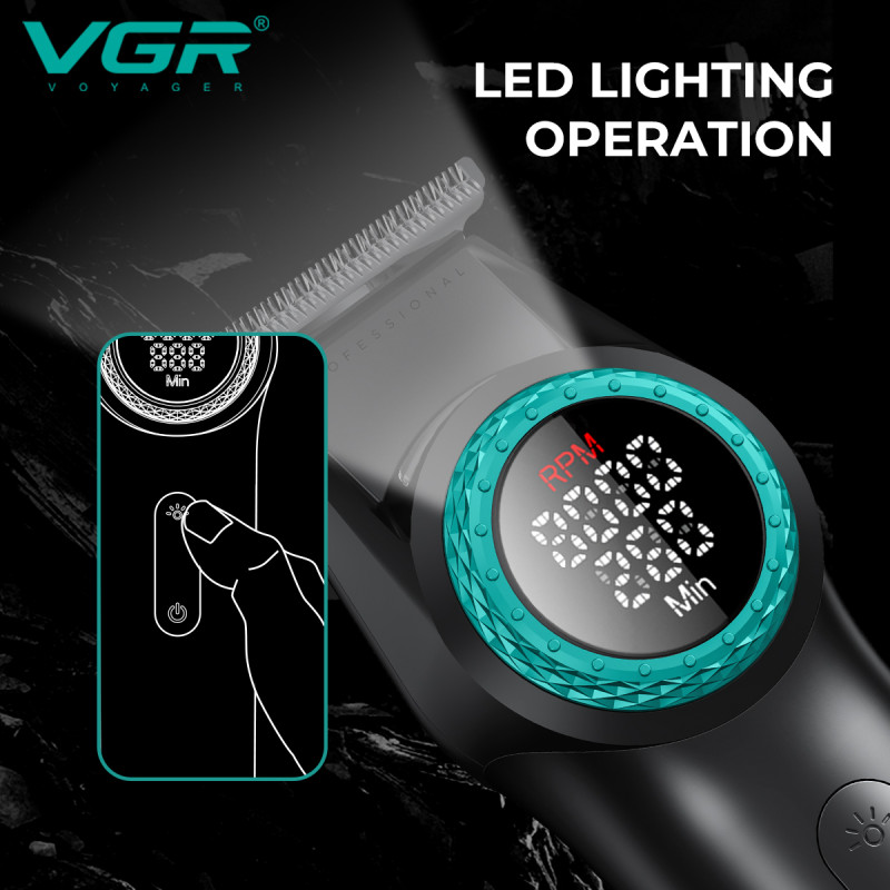 Тример VGR V-977 BLACK, регулювання потужності 6000 - 8000 RPM, 2500 mAh, 4 насадки, LED display