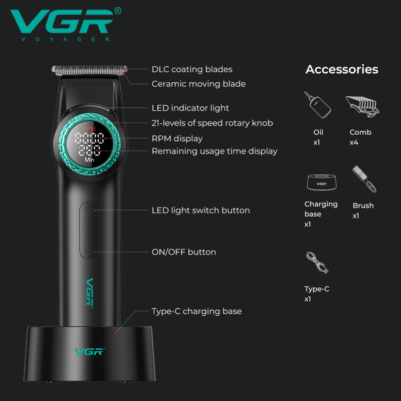 Тример VGR V-977 BLACK, регулювання потужності 6000 - 8000 RPM, 2500 mAh, 4 насадки, LED display