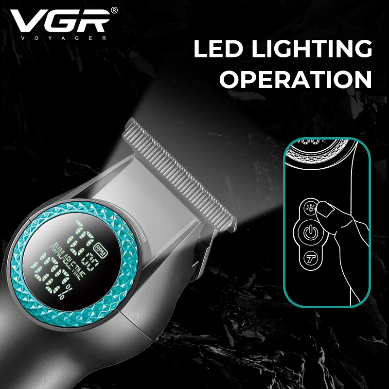 Тример VGR V-990 GREEN, 3 насадки, керамічне лезо, TURBO режим, регулювання потужності 7000-8000 RPM, LED light, LED display