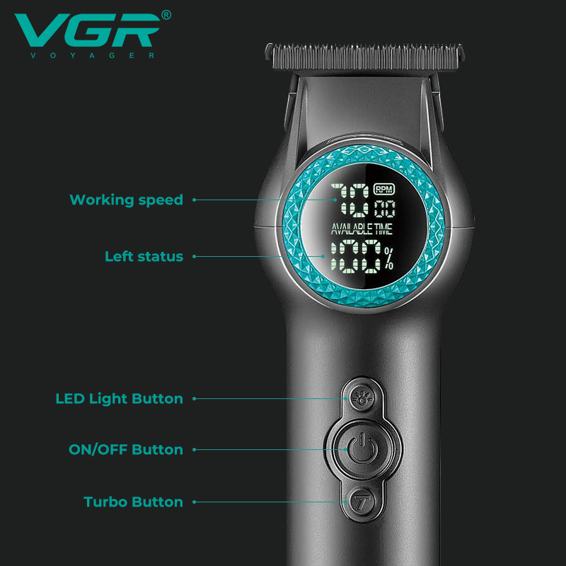 Тример VGR V-990 GREEN, 3 насадки, керамічне лезо, TURBO режим, регулювання потужності 7000-8000 RPM, LED light, LED display