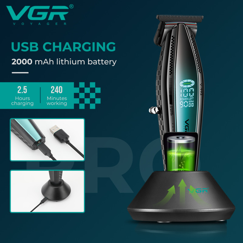 Тример VGR V-992 GREEN, 9000 RPM, 2000 mAh, 3 насадки, LED display