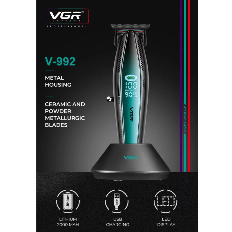 Тример VGR V-992 GREEN, 9000 RPM, 2000 mAh, 3 насадки, LED display