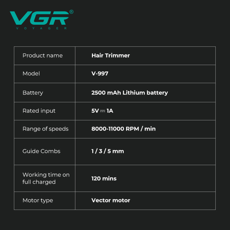 Тример VGR V-997, VECTOR MOTOR 8000-11000 RPM, 3 насадки, LED display