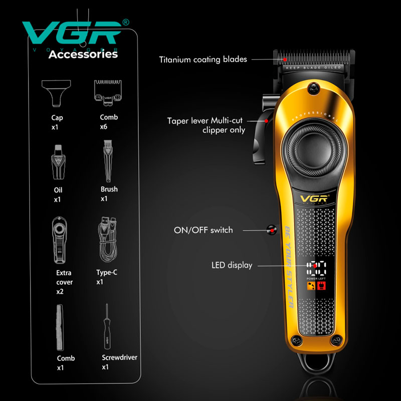 Акумуляторна машинка для стрижки (clipper) VGR V-170, 6 насадок, LED дисплей