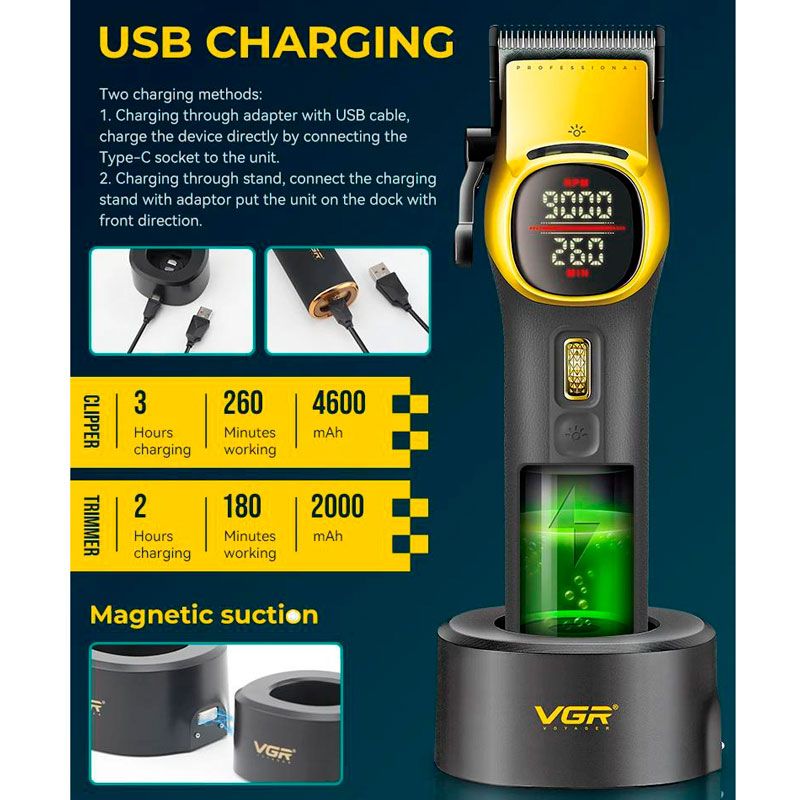 Комплект VGR 2 в 1 V-885 S2 GOLD, акумуляторна машинка для стрижки (clipper) та триммер