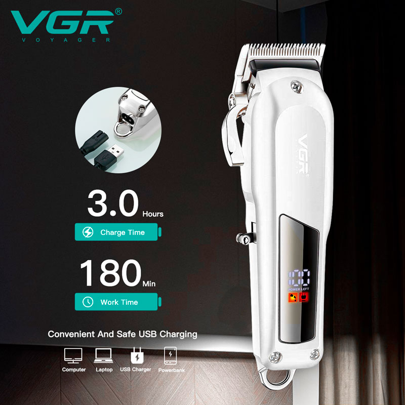Машинка (триммер) для стрижки волосся VGR V-278 SILVER, Professional, 6 насадок, LED Display, STRONG BATTERY оптом в Україні
