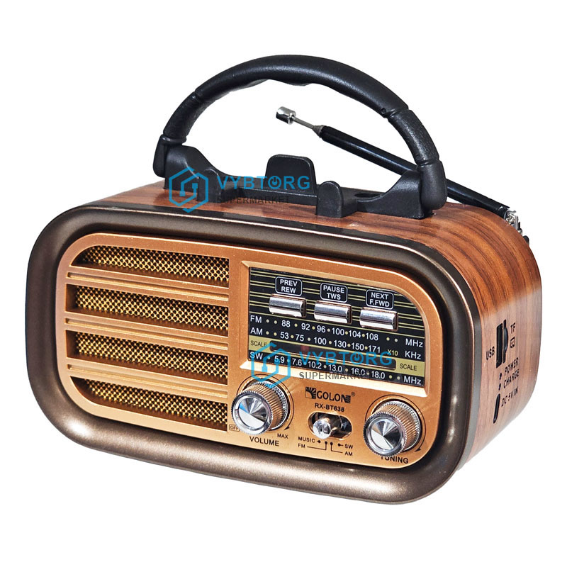 Радіоприймач GOLON RX-BT638, FM, SW, AM, Bluetooth, USB/microSD, АКБ 1*18650, 2*LR20/R20/D, ЗП Type-C, підставка для телефону