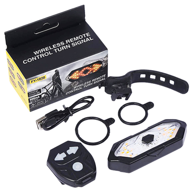 Велоліхтар FY-1820 із зазначенням поворотів (red+yellow), waterproof, ЗУ microUSB, вбуд. аккум., пульт управління, CR2032