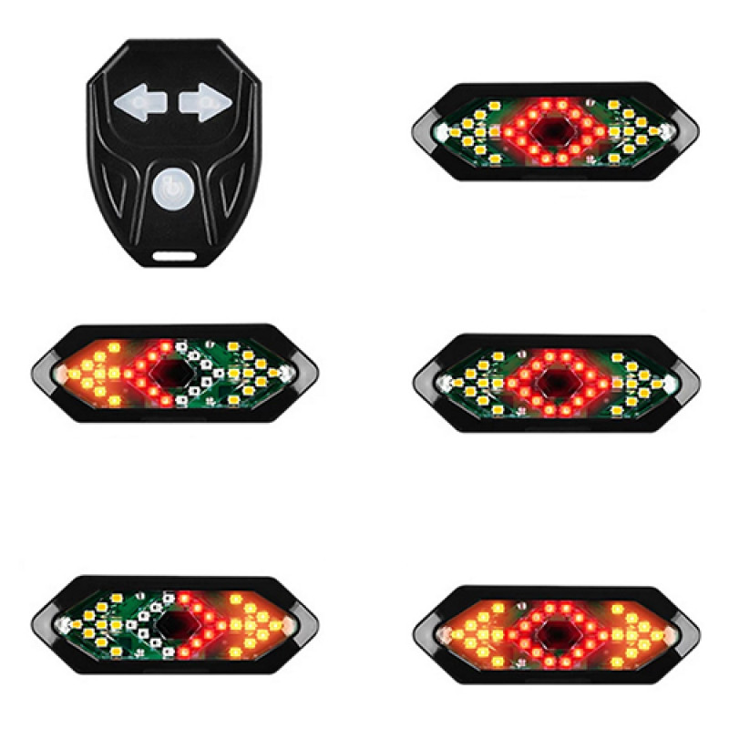 Велоліхтар FY-1820 із зазначенням поворотів (red+yellow), waterproof, ЗУ microUSB, вбуд. аккум., пульт управління, CR2032