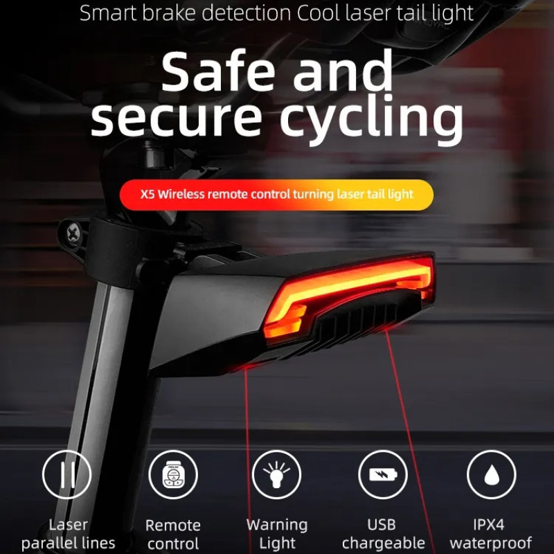 Велоліхтар Meilan X5 із зазначенням поворотів (red+yellow) та лазерною розміткою, waterproof, ЗУ micro USB, Li-Ion акумулятор