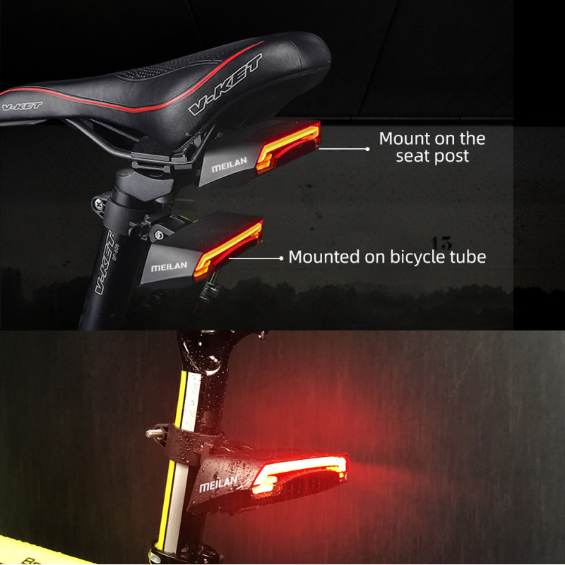 Велоліхтар Meilan X5 із зазначенням поворотів (red+yellow) та лазерною розміткою, waterproof, ЗУ micro USB, Li-Ion акумулятор